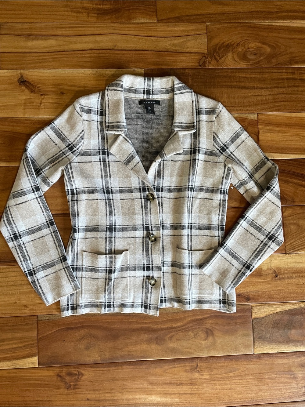 Tahari Cream and Black Plaid Tailored Blazer